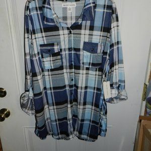 NEW YORK LAUNDRY WOMENS LONG SLEEVED SOFT LIGHTWEIGHT BLUE PLAID  3XL NWT/NEW!